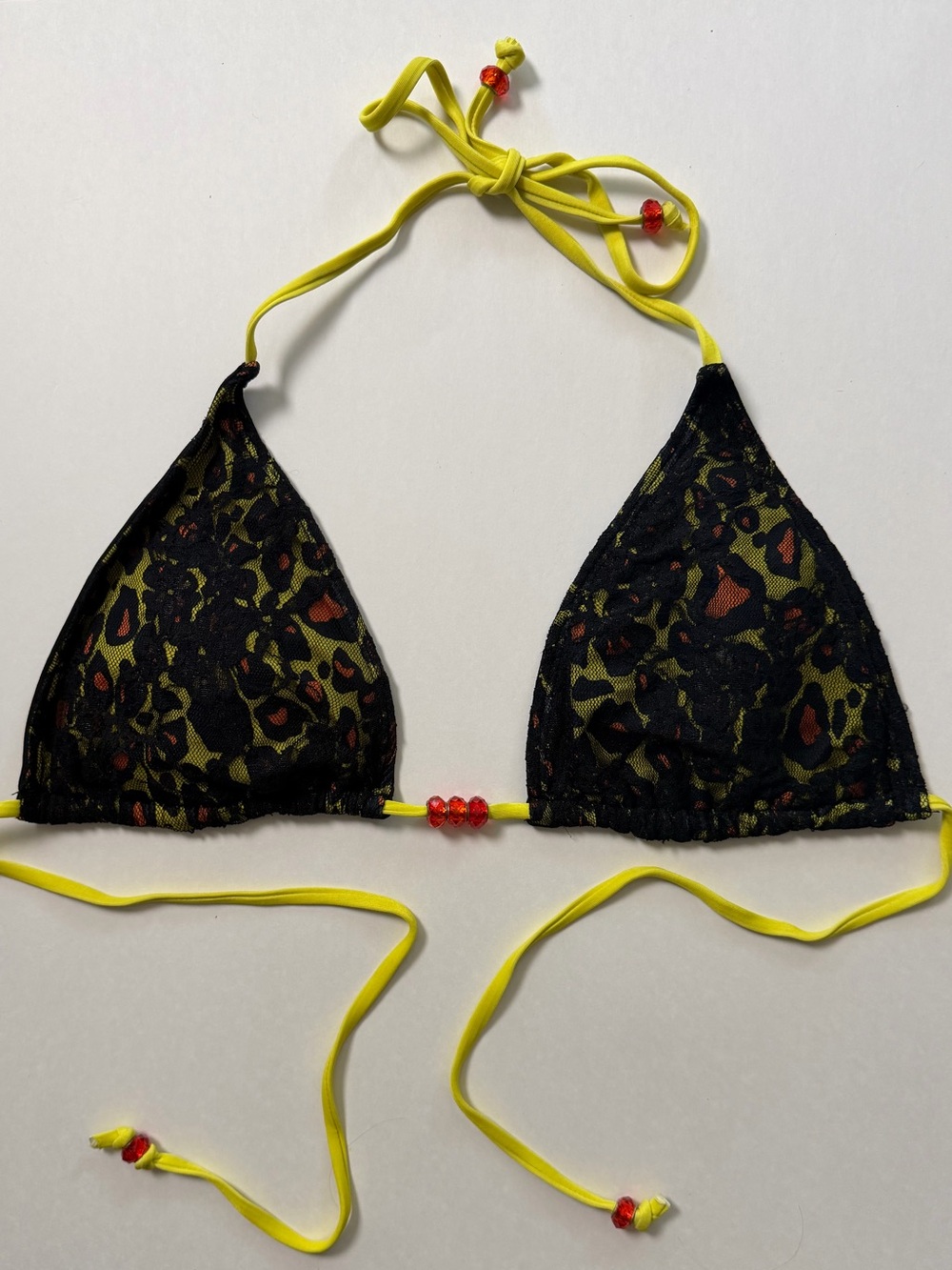 Affliction Black Lace Leopard Print Triangle Bikini Top with Yellow Ties